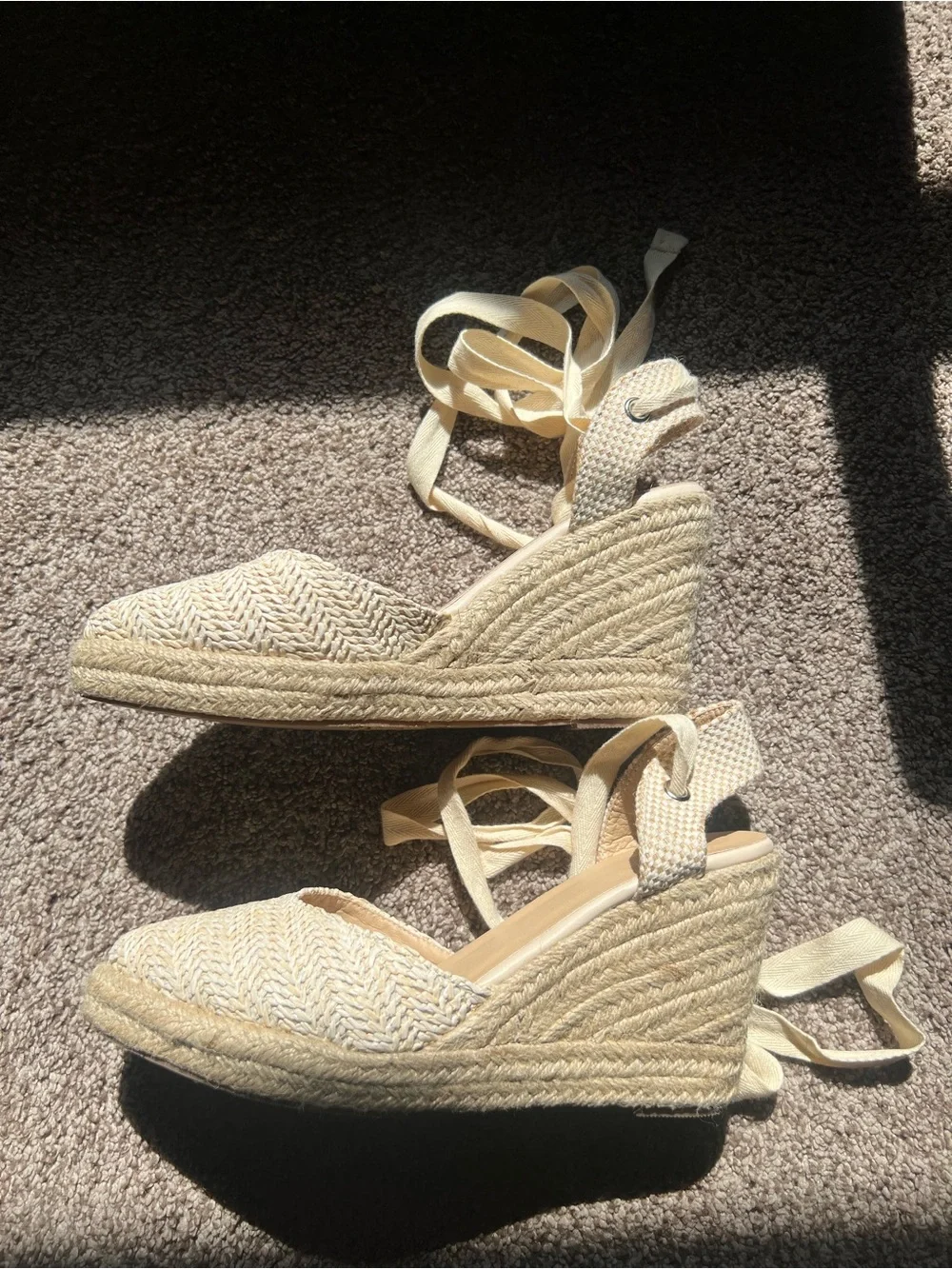 Woven Pointed Toe Lace-Up Espadrille Heels Natural